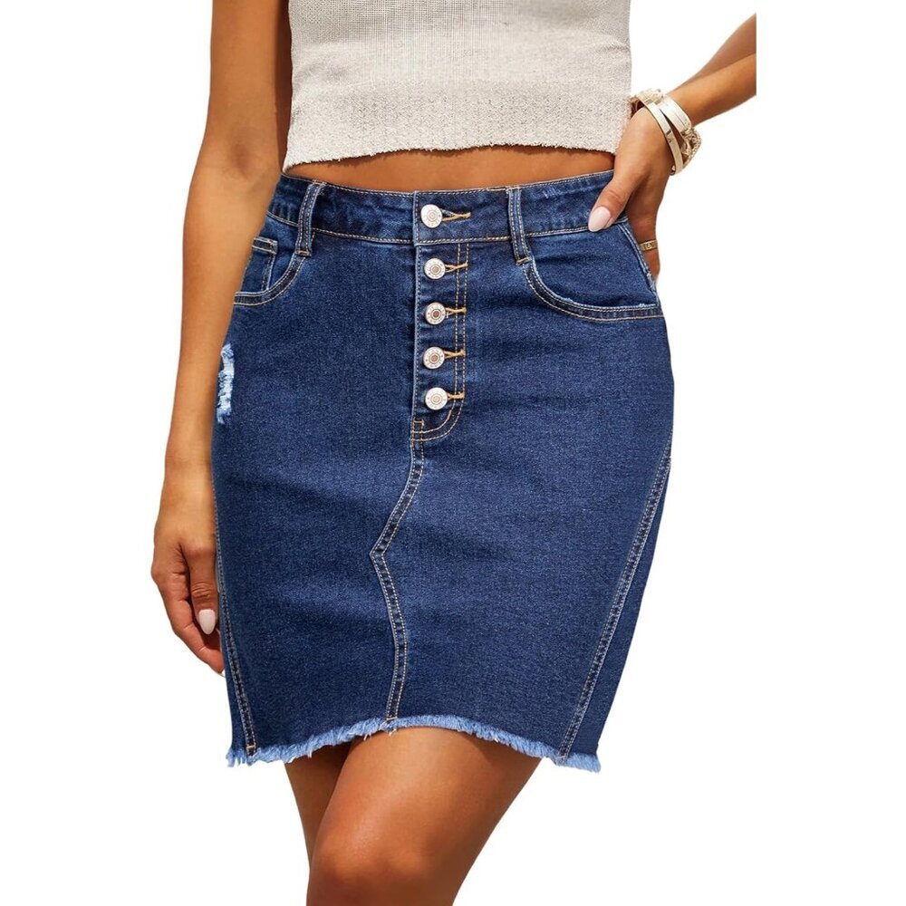 Women's Stretchy Ripped Frayed Button Fly Denim Skirt High-Waisted Casual